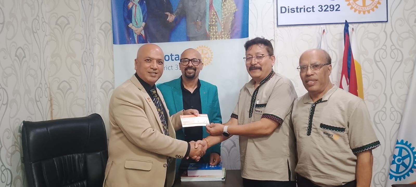 Rtn. Deepak Das Tamrakar, President of the Rotary Club of Yala, formally handed over a cheque of NPR 150,000 to RI District 3292 Governor Rtn. Bishnu Bahadur Karkee as the Club’s contribution to the Disaster Relief Fund.